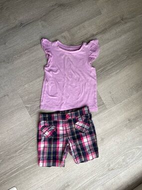 Cat & Jack Pink Eyelet Sleeve Top and Pink Plaid Shorts Set